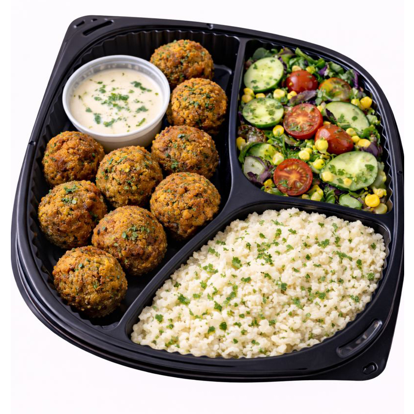 Vegetarijanski / posni meni — falafel kuglice, tartar sos, kus-kus, sezonska salata